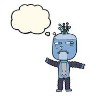 cartoon waving robot with thought bubble N15