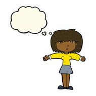 cartoon woman shrugging shoulders with thought bubble N358