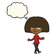 cartoon smug looking woman with thought bubble N7