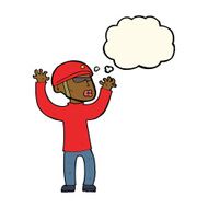 cartoon security man panicking with thought bubble N7