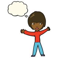 cartoon waving woman with thought bubble N98