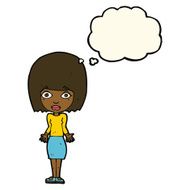 cartoon woman shrugging shoulders with thought bubble N359