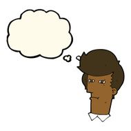 cartoon man narrowing eyes with thought bubble N28