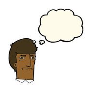 cartoon man narrowing eyes with thought bubble N29