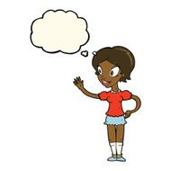 cartoon waving woman with thought bubble N99