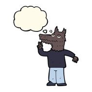 cartoon happy wolf man with thought bubble N12