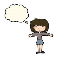 cartoon woman shrugging shoulders with thought bubble N360
