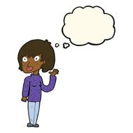 cartoon waving woman with thought bubble N103