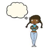 cartoon offended woman covering herself with thought bubble N7