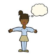 cartoon woman shrugging shoulders with thought bubble N363
