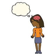 cartoon clever woman shrugging shoulders with thought bubble N7