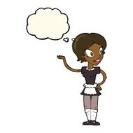 cartoon woman in maid costume with thought bubble N7
