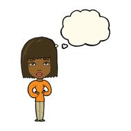 cartoon woman indicating self with thought bubble N7