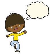 cartoon happy boy dancing with thought bubble N7