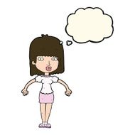 cartoon woman shrugging shoulders with thought bubble N364