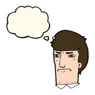cartoon man narrowing eyes with thought bubble N31