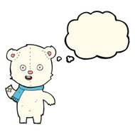 cartoon waving polar bear cub with scarf thought bubble N3