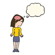 cartoon clever woman shrugging shoulders with thought bubble N8
