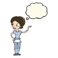 cartoon woman in maid costume with thought bubble N8