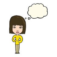 cartoon woman indicating self with thought bubble N8