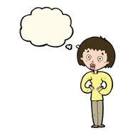 cartoon woman gesturing at self with thought bubble N21