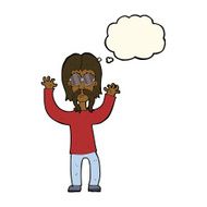 cartoon hippie man waving arms with thought bubble N7