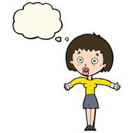 cartoon woman shrugging shoulders with thought bubble N367