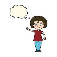 cartoon happy woman pointing with thought bubble N51