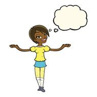 cartoon woman making open arm gesture with thought bubble N7
