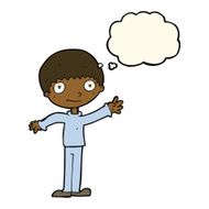 cartoon happy waving boy with thought bubble N13
