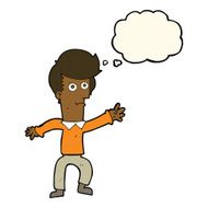 cartoon man waving with thought bubble N20