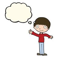 cartoon happy waving boy with thought bubble N15