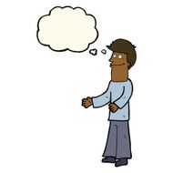 cartoon man shrugging shoulders with thought bubble N25