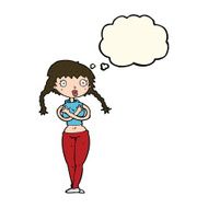 cartoon offended woman covering herself with thought bubble N8