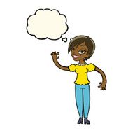 cartoon woman waving with thought bubble N268