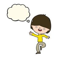 cartoon happy boy dancing with thought bubble N8