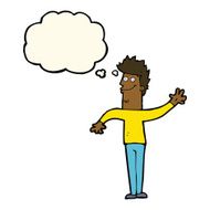 cartoon happy waving man with thought bubble N7