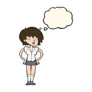 cartoon surprised woman with hands on hips thought bubble N8