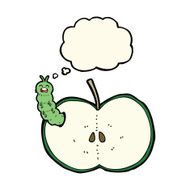cartoon bug eating apple with thought bubble N14