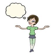 cartoon woman making open arm gesture with thought bubble N8