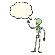 cartoon waving skeleton with thought bubble N8