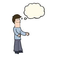 cartoon man shrugging shoulders with thought bubble N26