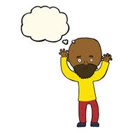 cartoon bearded man panicking with thought bubble N8