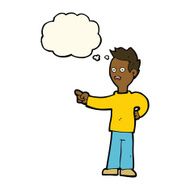 cartoon shocked boy pointing with thought bubble N8
