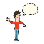 cartoon happy waving man with thought bubble N8