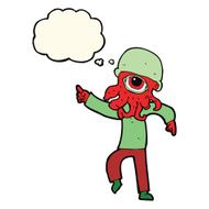 cartoon alien man dancing with thought bubble N6