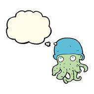 cartoon alien head wearing hat with thought bubble N7