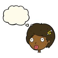 cartoon surprised female face with thought bubble N49