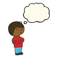 cartoon boy with folded arms thought bubble N14