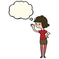 cartoon friendly girl waving with thought bubble N7